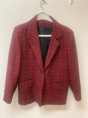 PRESTIGE OF BOSTON Red and Black Plaid Academia Old Money Wool Blend Blazer (12)